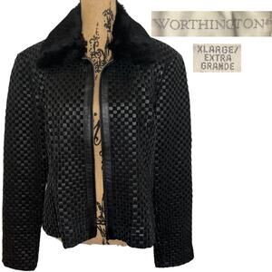90s Worthington Woven Leather Suede Real Fur Collar Jacket Black Size XL Vintage